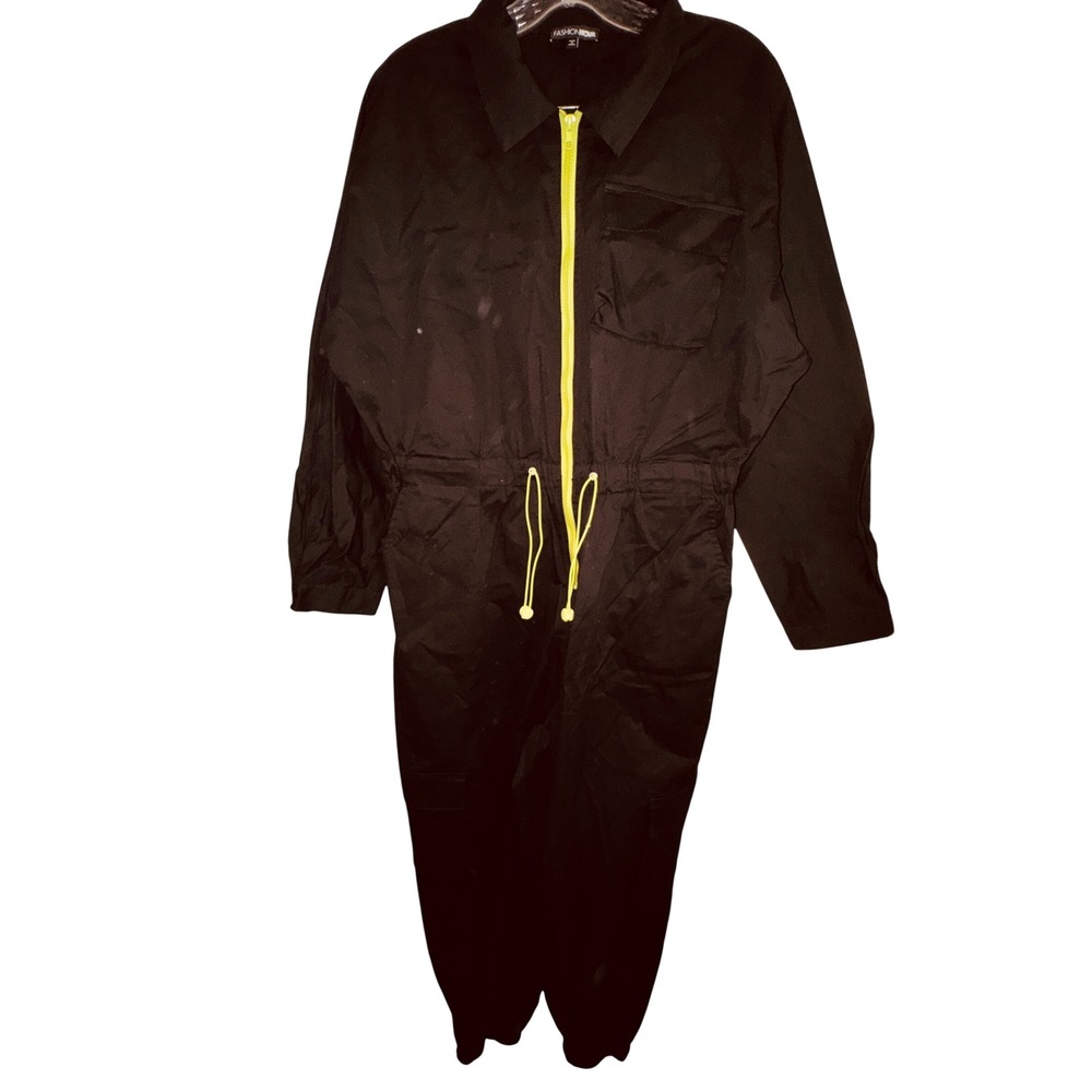 Fashion Nova Womens Black Neon Yellow Zip Utility Jumpsuit Boiler Suit Size 1X‎